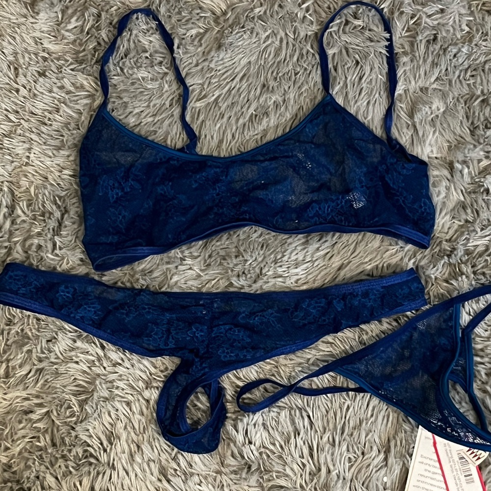 Sheer Lace Bralette & Panty Set - Navy